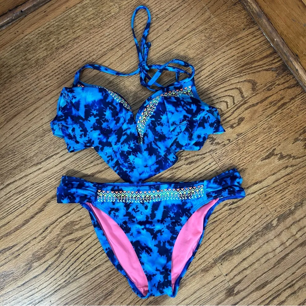 PINK VS| Blue Tie Dye Tribal Neon Two Piece Bikini - Image 2