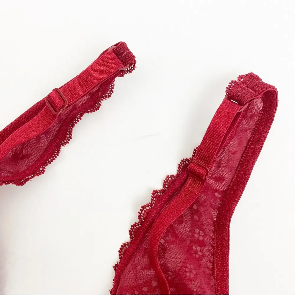 Intimately Free People Deep V Plunge Lace Underwire Bra: Crimson Red Burgundy - Image 6