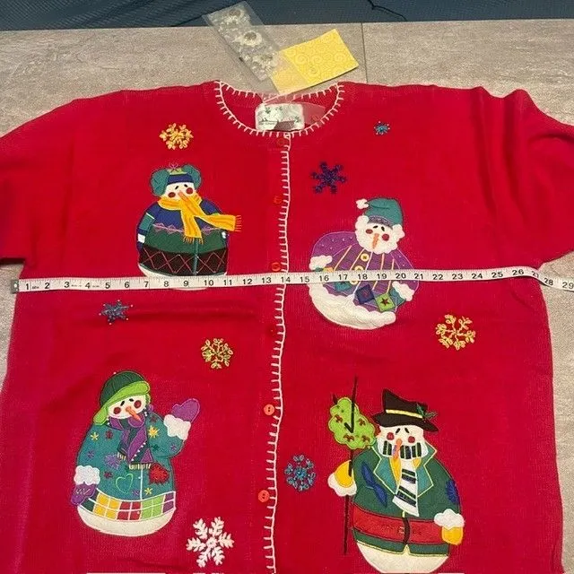 Quacker Factory 2X  Christmas Cardigan Red Snowman Holiday Festive Ugly Sweater - Image 2