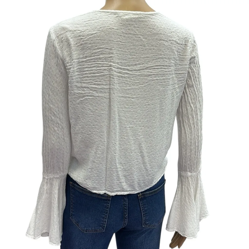 Love Stitch White Textured Rayon Tie Front Long Bell Sleeve Blouse Top Womens S - Image 7