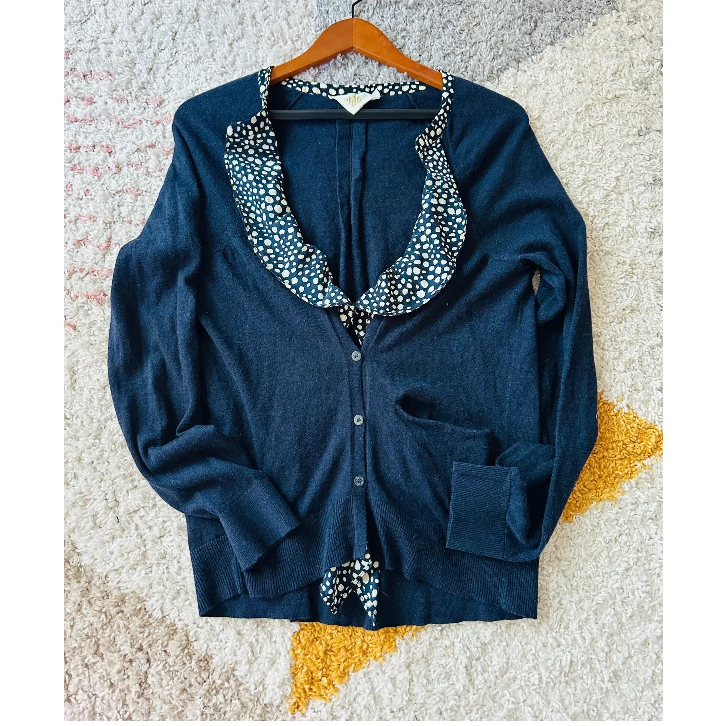 Womens Cardigans Size Large Monogram HWR Navy Nautical Ruffle Anthropologie - Image 9