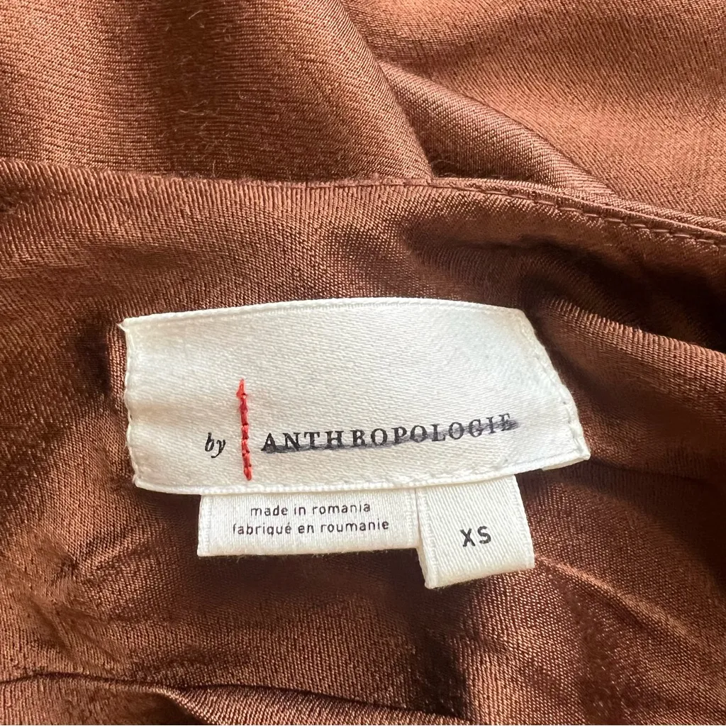 By Anthropologie Women’s Long Bell Sleeve Cowl Neck Satin Brown Mini Dress XS - Image 4