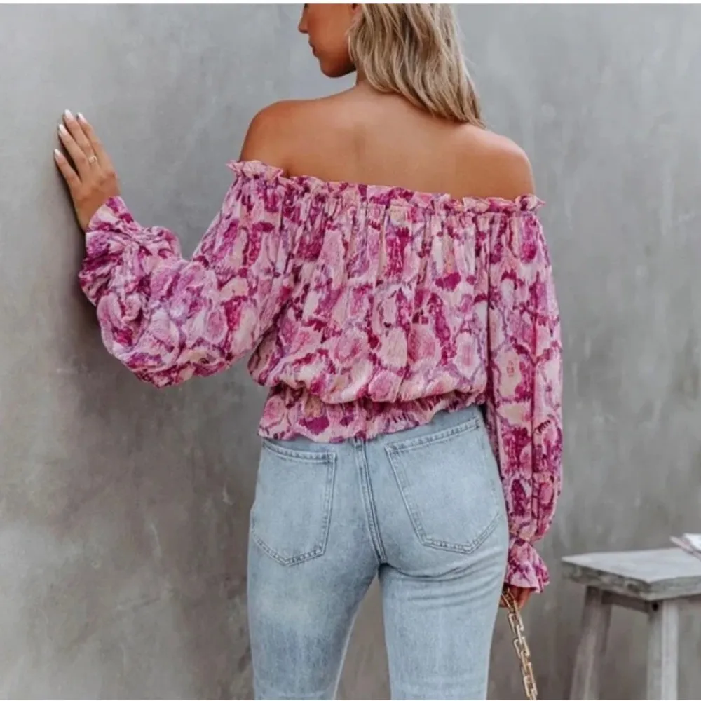 Vici Sutton Off the Shoulder Blouson Puffy Sleeve Printed Blouse, Sz S - Image 2