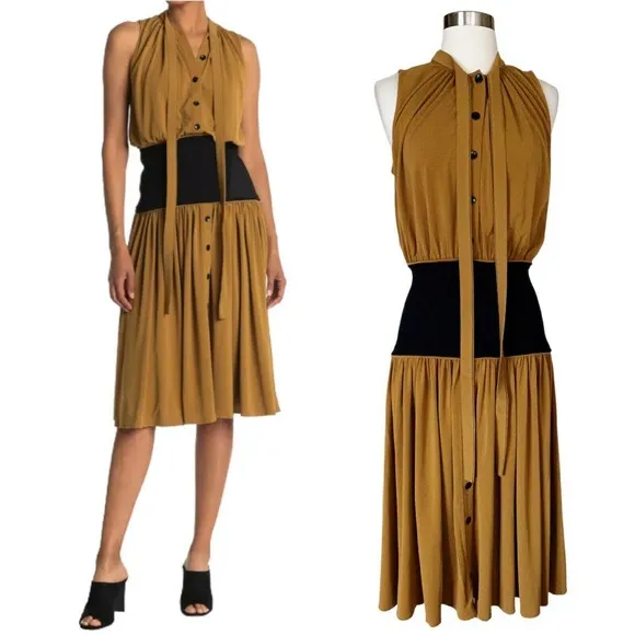 PROENZA SCHOULER Button Down Dress Knit Waistband Belt Brown Black Tie 4 NWT - Image 2