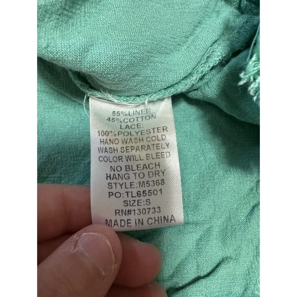 Umgee Linen Blend Blouse Shirt Women Size Small‎  Fringe Hem Crochet Sleeve Boho - Image 6