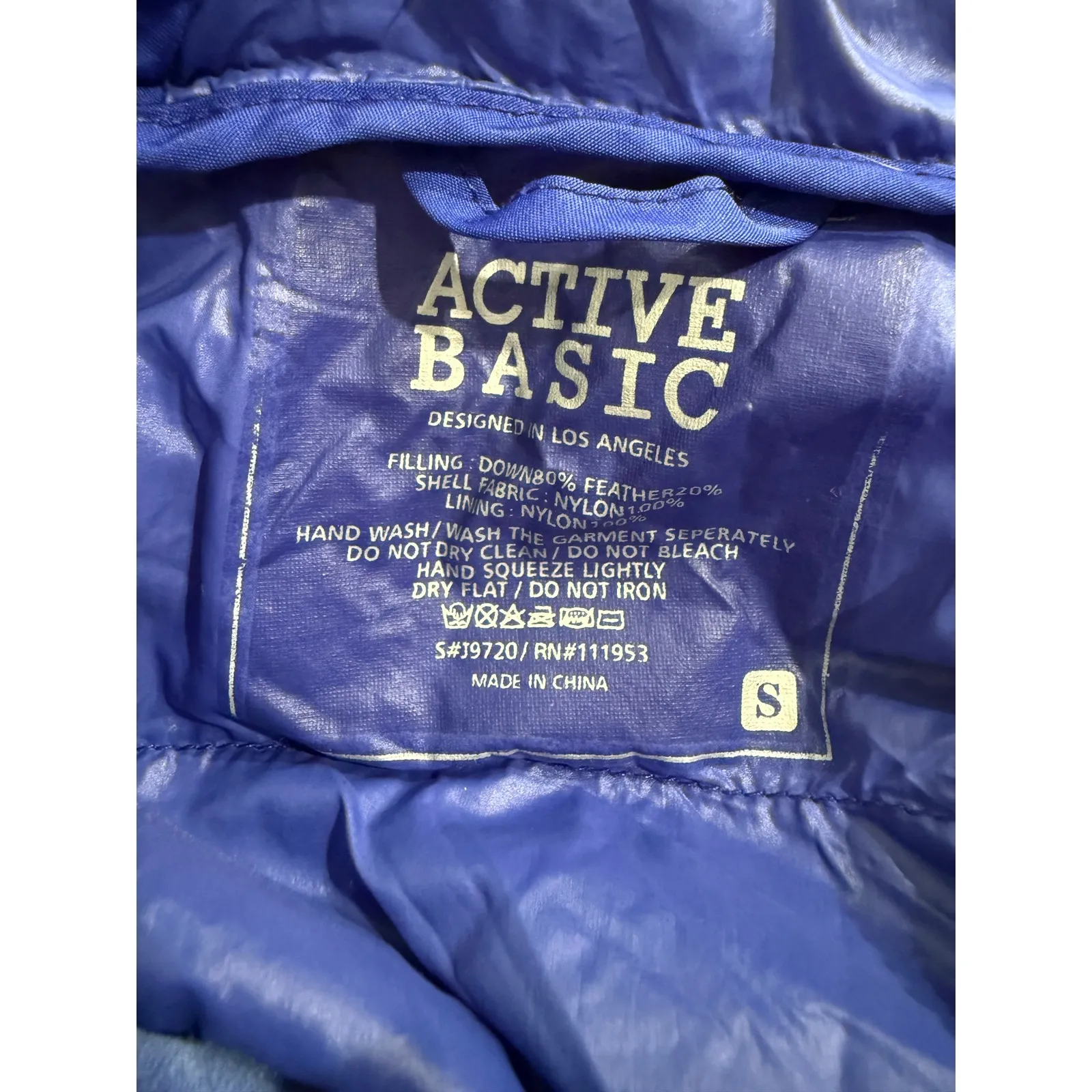 Active Basic Blue Lightweight Hooded Puffer Down Feather Jacket Size S - Image 6