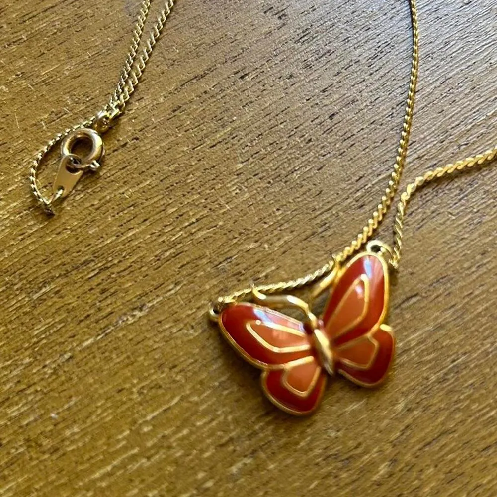 Vintage Gold Butterfly Necklace Mod Burnt Orange red combo with gold detail - Image 2