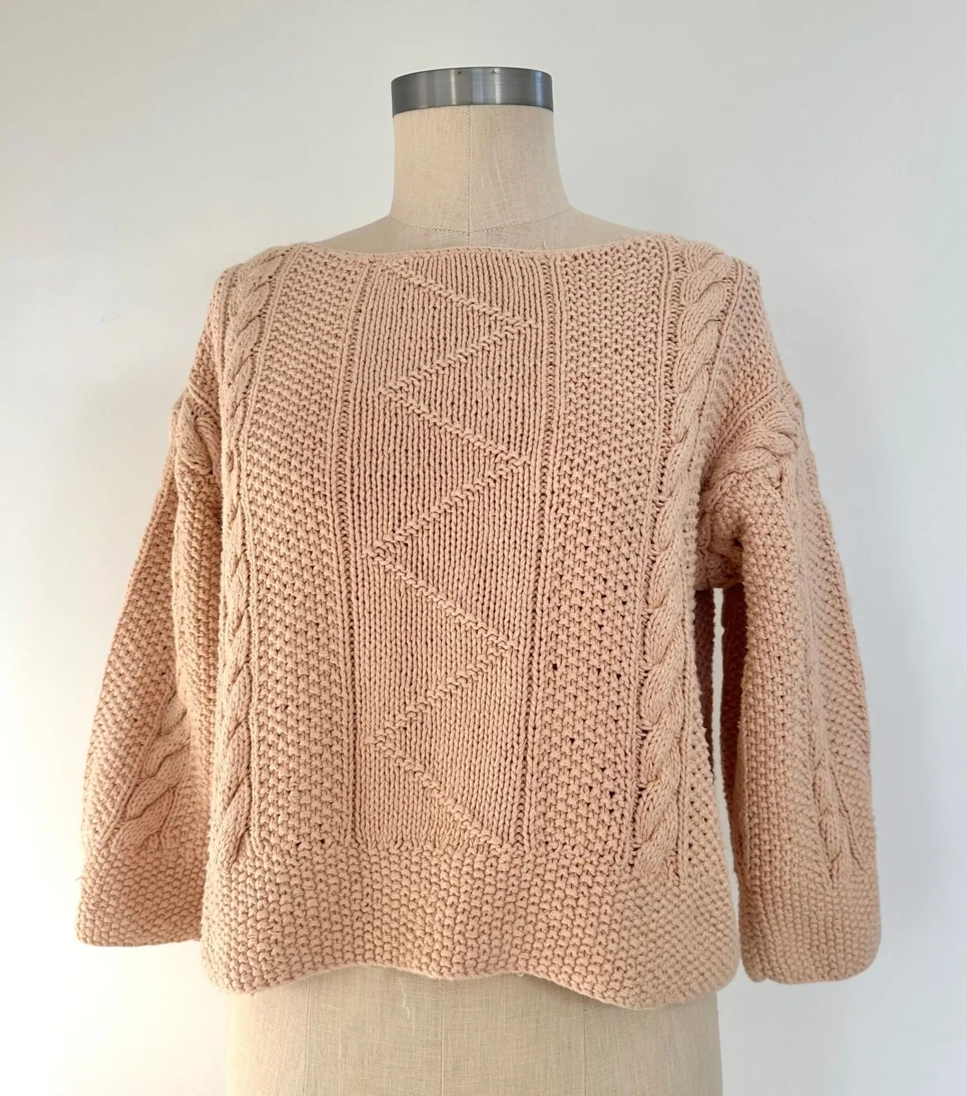 Vintage Peach Cable Knit Boat Neck Sweater Cropped Cozy Chunky Knit 80s 90s Pink Size XS - Image 1