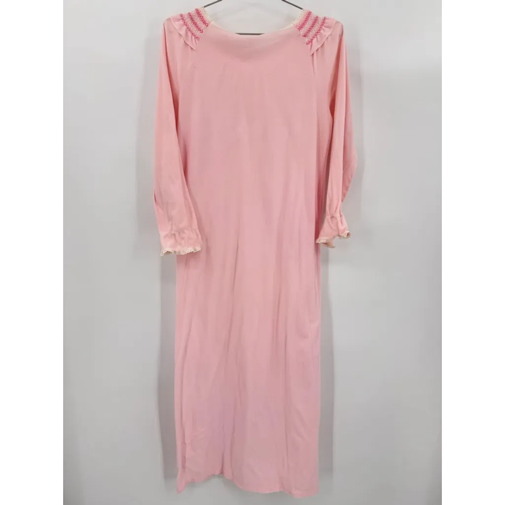Vintage JCPenney Pink Long Nightgown Smocked Neckline Bow Soft Nylon 80s Medium - Image 6
