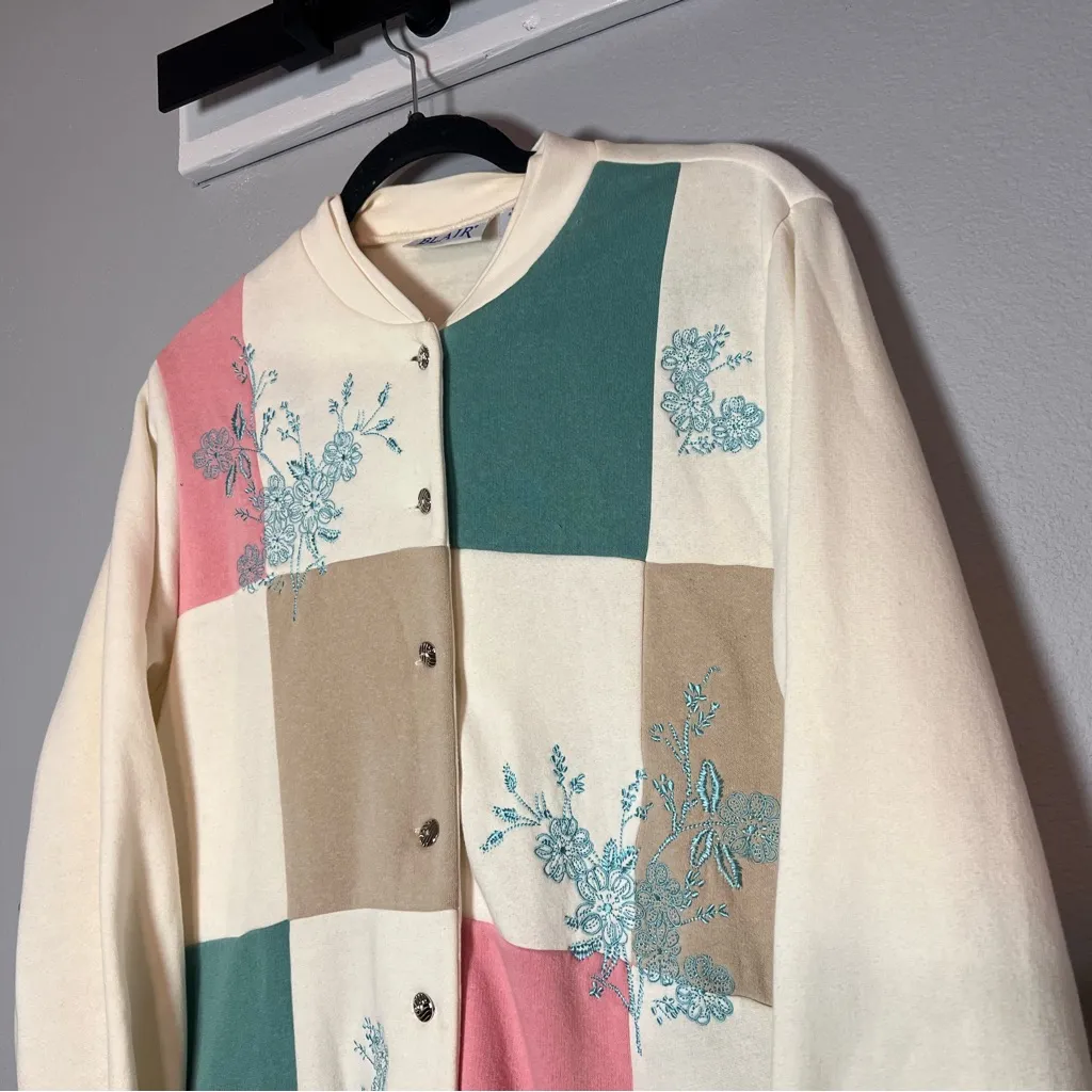 Blair Button Front Sweatshirt Cardigan Jacket Cream Green Pink Embroidered M - Image 2