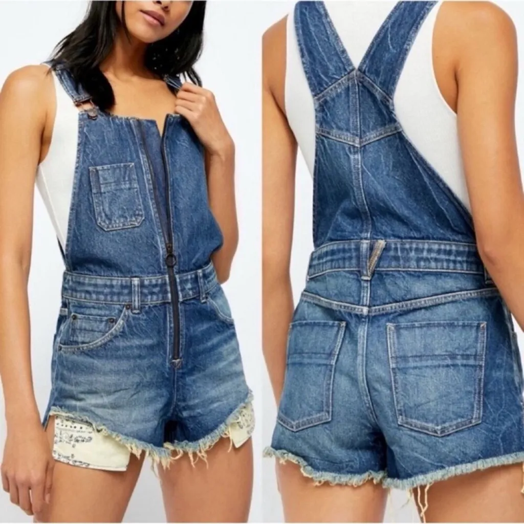 Free People Sunkissed Denim Short‎ Overalls Zip Front Jean Shortalls NEW Size 25 - Image 2