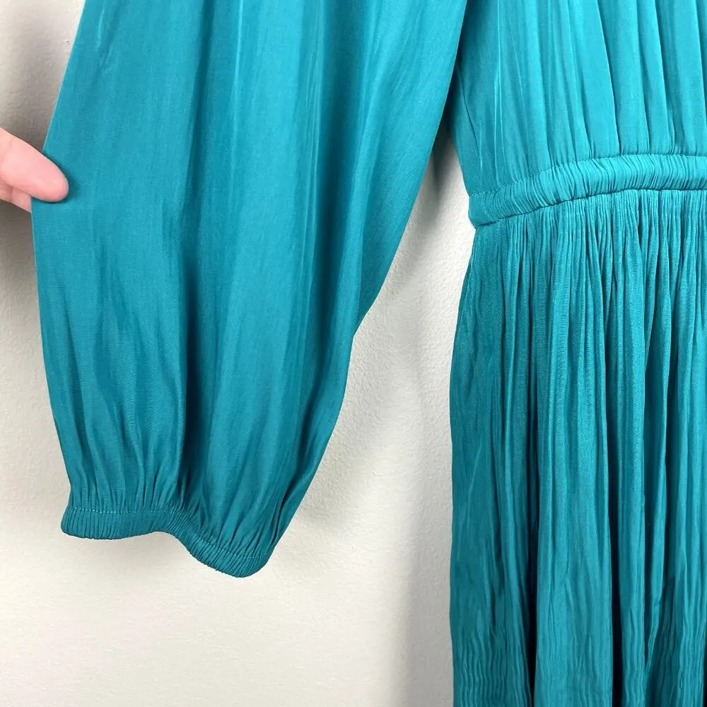Chicos 2 Midi Dress 12 Teal Green Crinkle Pleated 3/4 Sleeve Button Up Tie Waist - Image 7