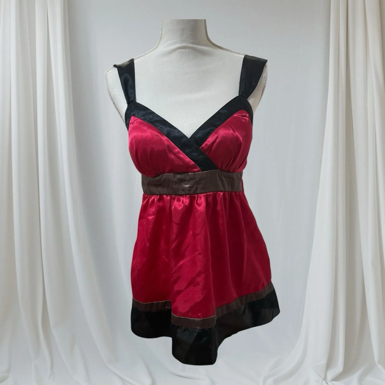 A. Byer Womens Vintage Y2K Pink Black Satin Tie Back Vneck Cami Blouse Large - Image 2