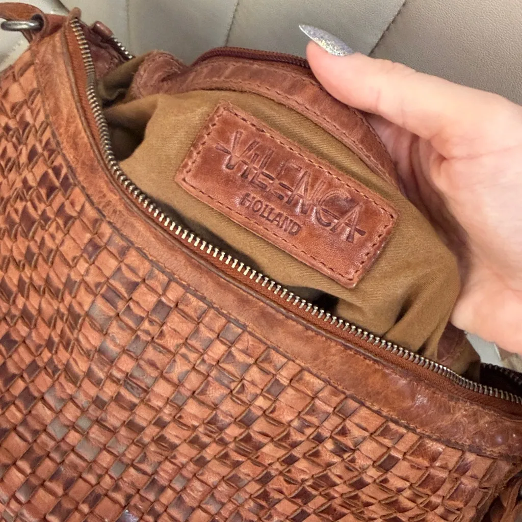 Vilenca Holland genuine leather Boho Woven Crossbody Hobo Brown Bag Purse Tan - Image 4