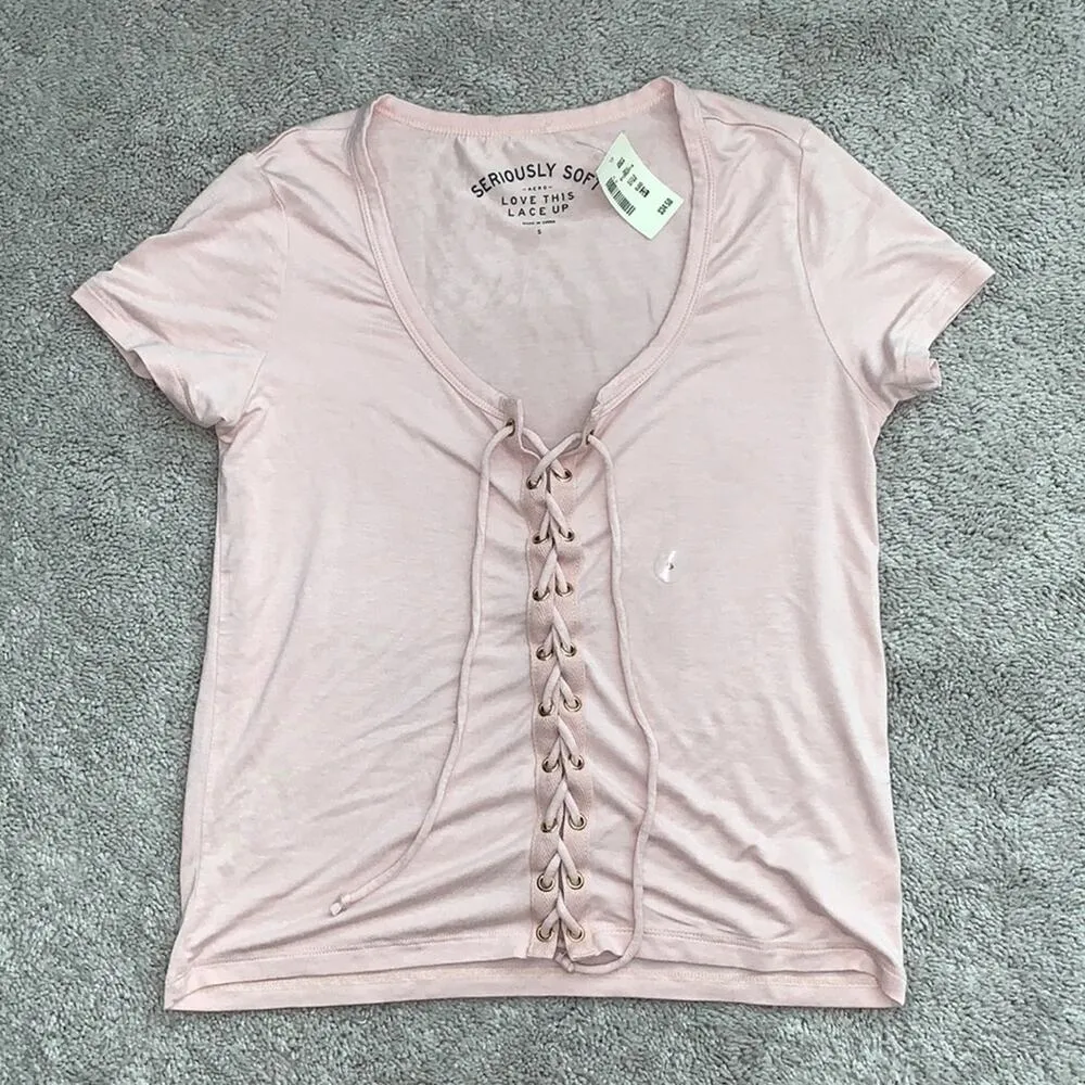 AERO Seriously Soft Pink Lace Up T-Shirt S - Image 2