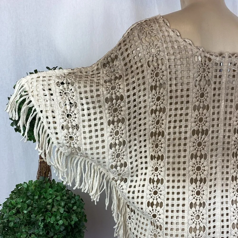 Haute Hippie Tan Sheer Short Sleeve Crochet Lace Fringe Blouse Top OS - Image 6