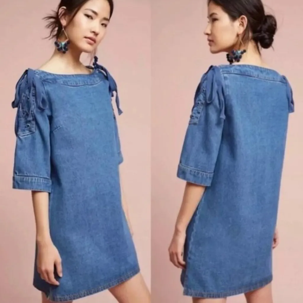 Anthropologie Maeve Denim Shift Dress Lace Up Tie Sleeves size M - Image 2