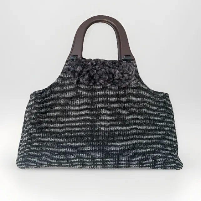 Handmade Granny Knit Purse Wood Handle Gray Medium Handbag Cottagecore Retro - Image 4