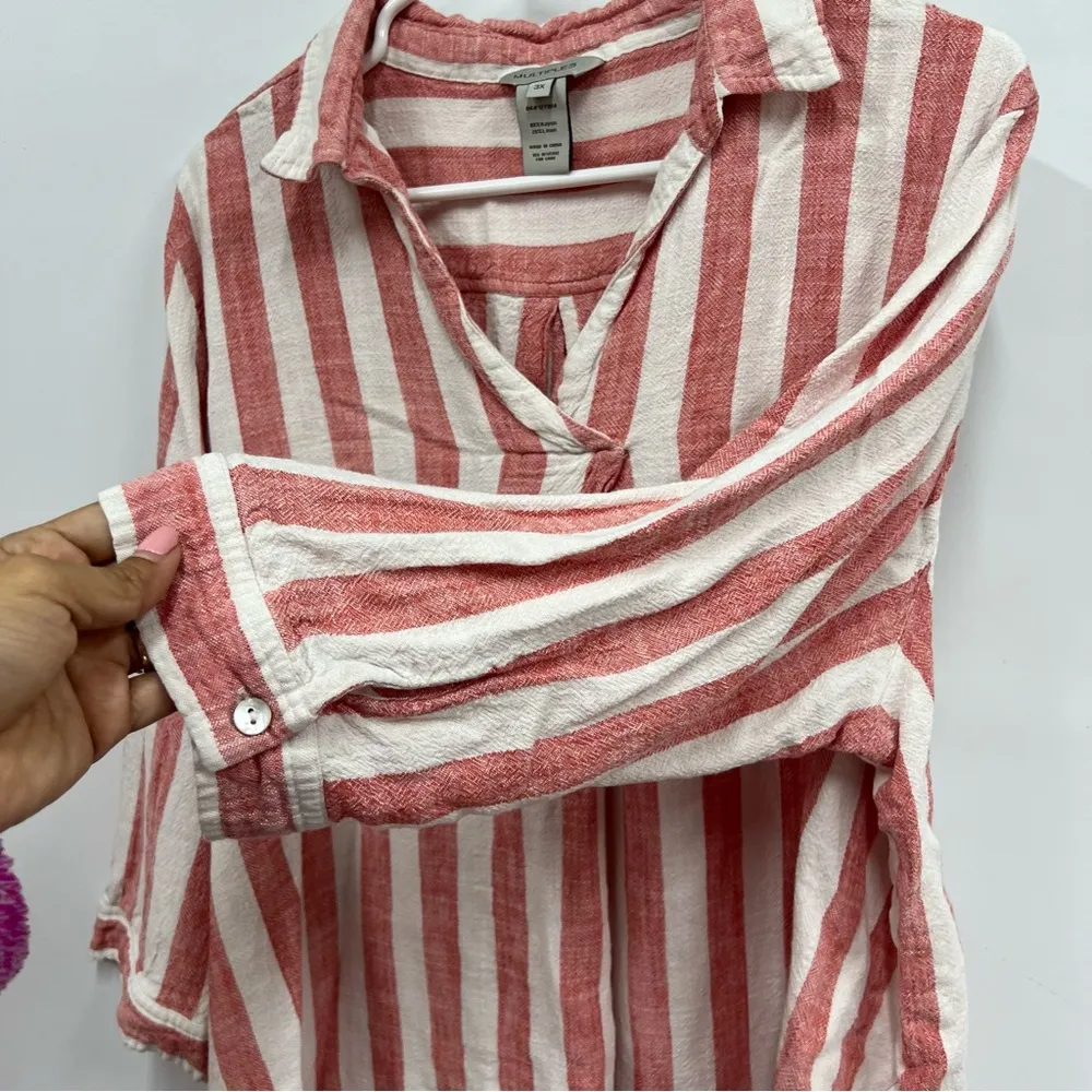 Women’s striped 3x rayon linen lagenlook top collared Beachy casual blouse - Image 3