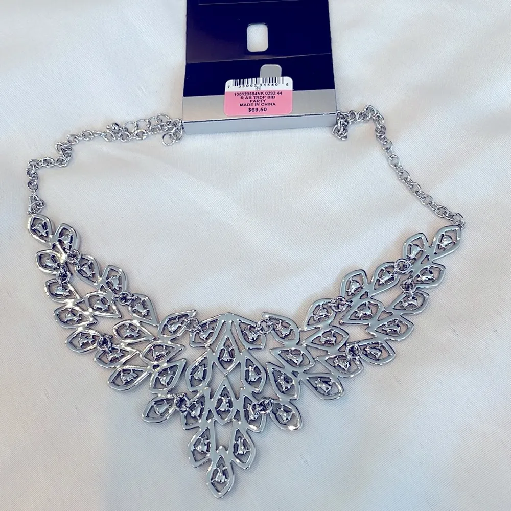 INC silver tone statement necklace with crystals like peacock feathers retail$70 - Image 4