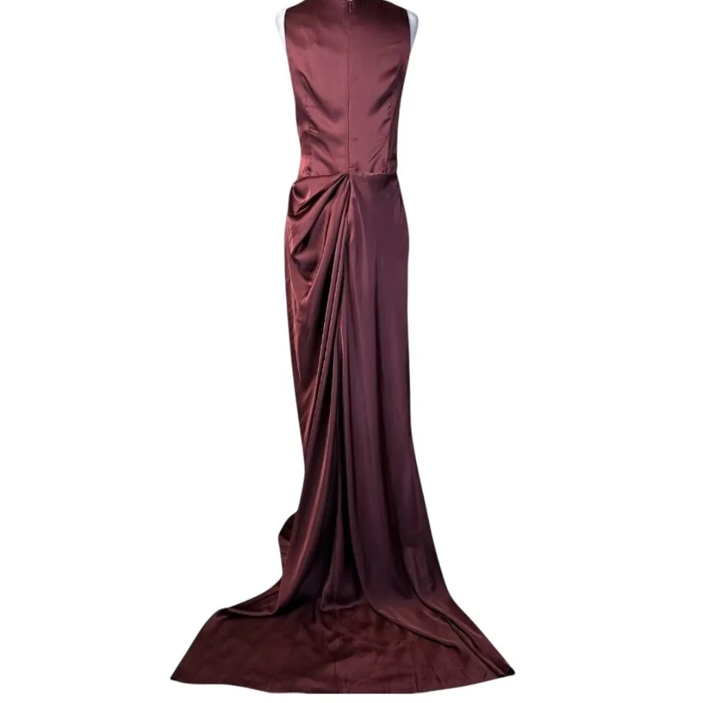 Ceren Ocak Satin Dress in Burgundy Small New Womens Long Maxi Gown Brown - Image 7