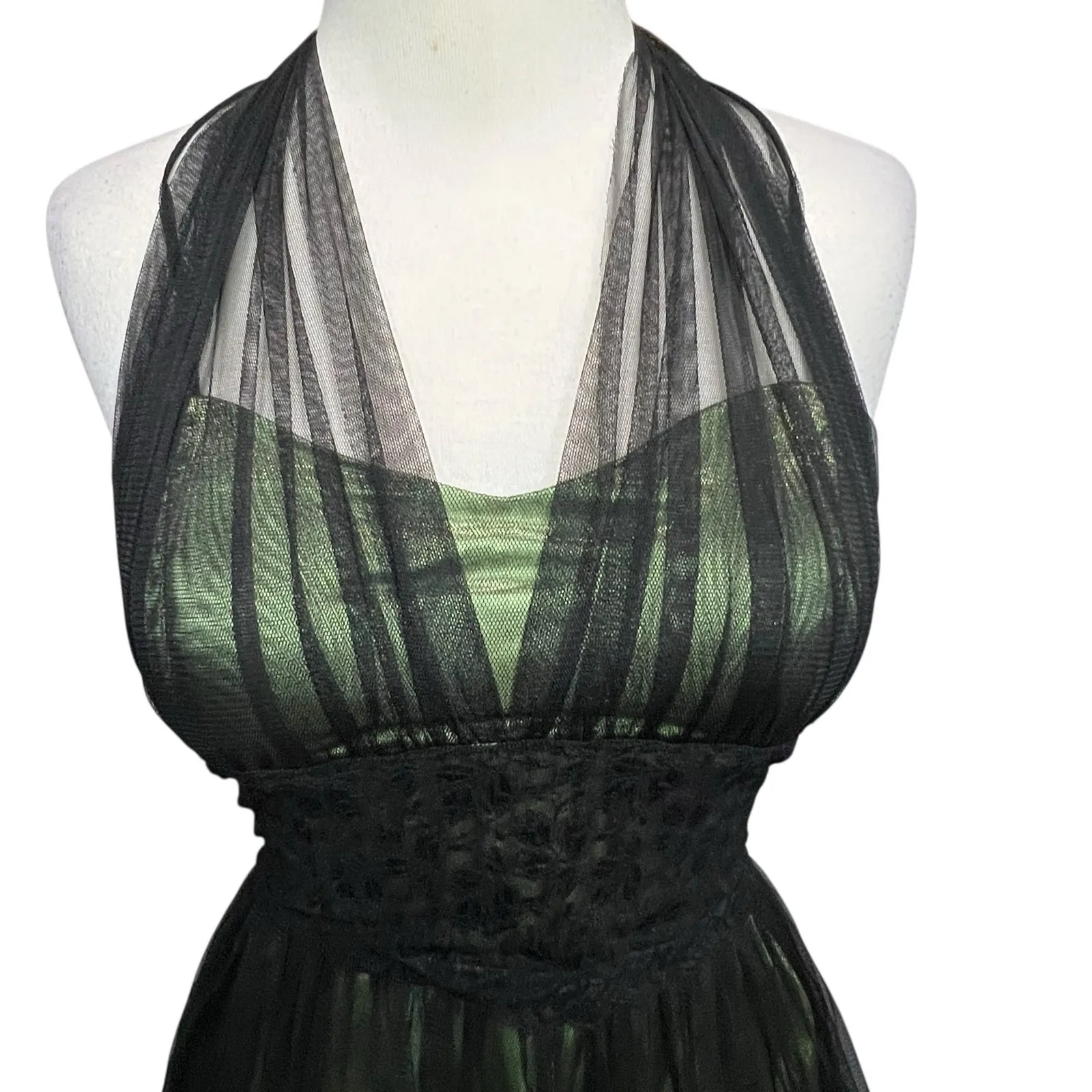 Vintage Y2K Cumbia Dress XS Green Satin Black Mesh Goth Fairycore Party Whimsy - Image 3
