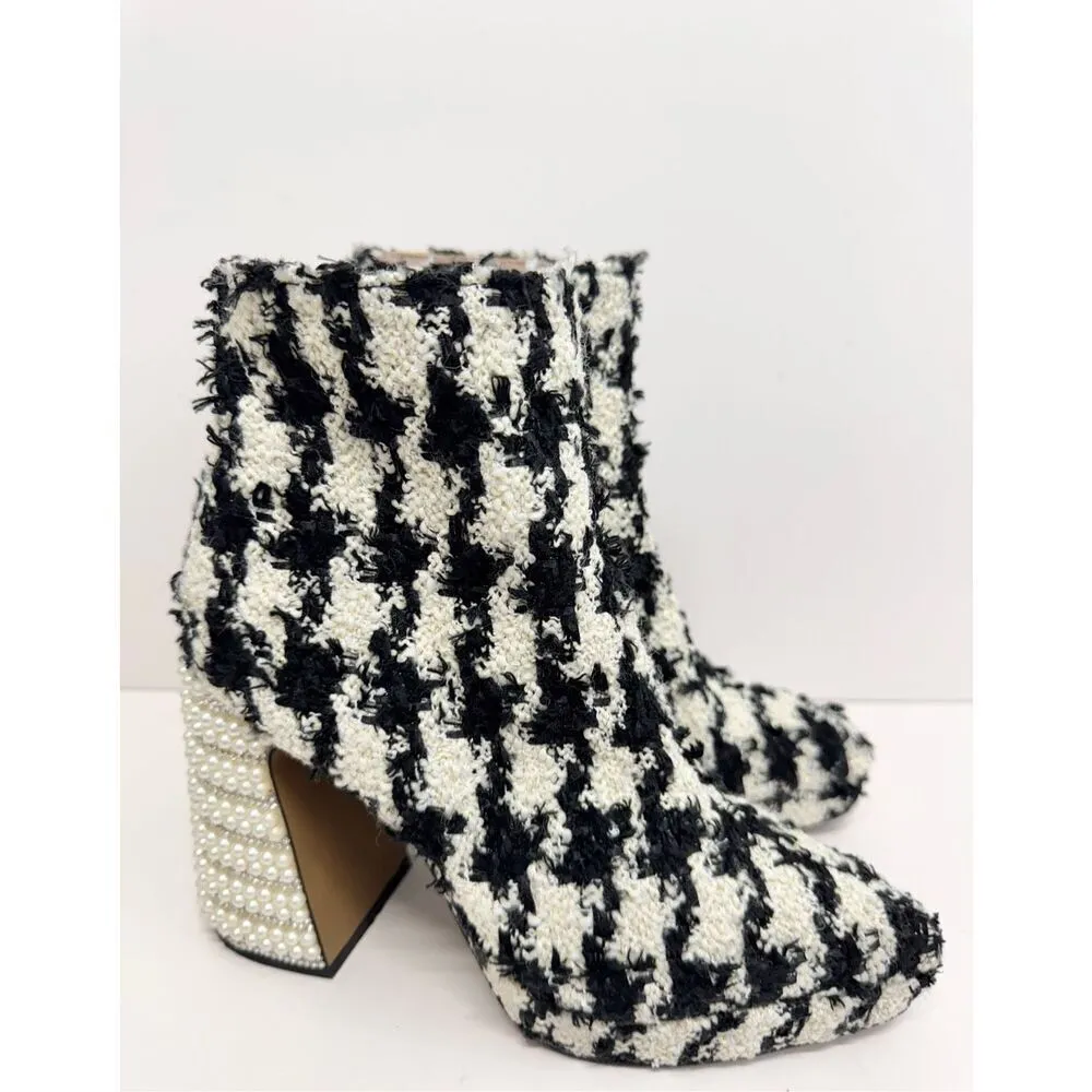 Betsey Johnson Houndstooth Boots Size 5‎ Black White Embellished Block Heel NEW - Image 5