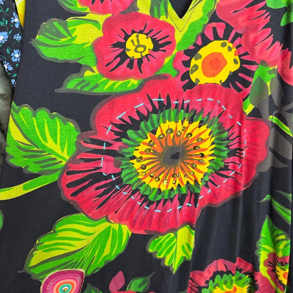 Desigual Black Floral Sleeveless Tunic Top Asymmetrical Hem. Size XL - Image 4