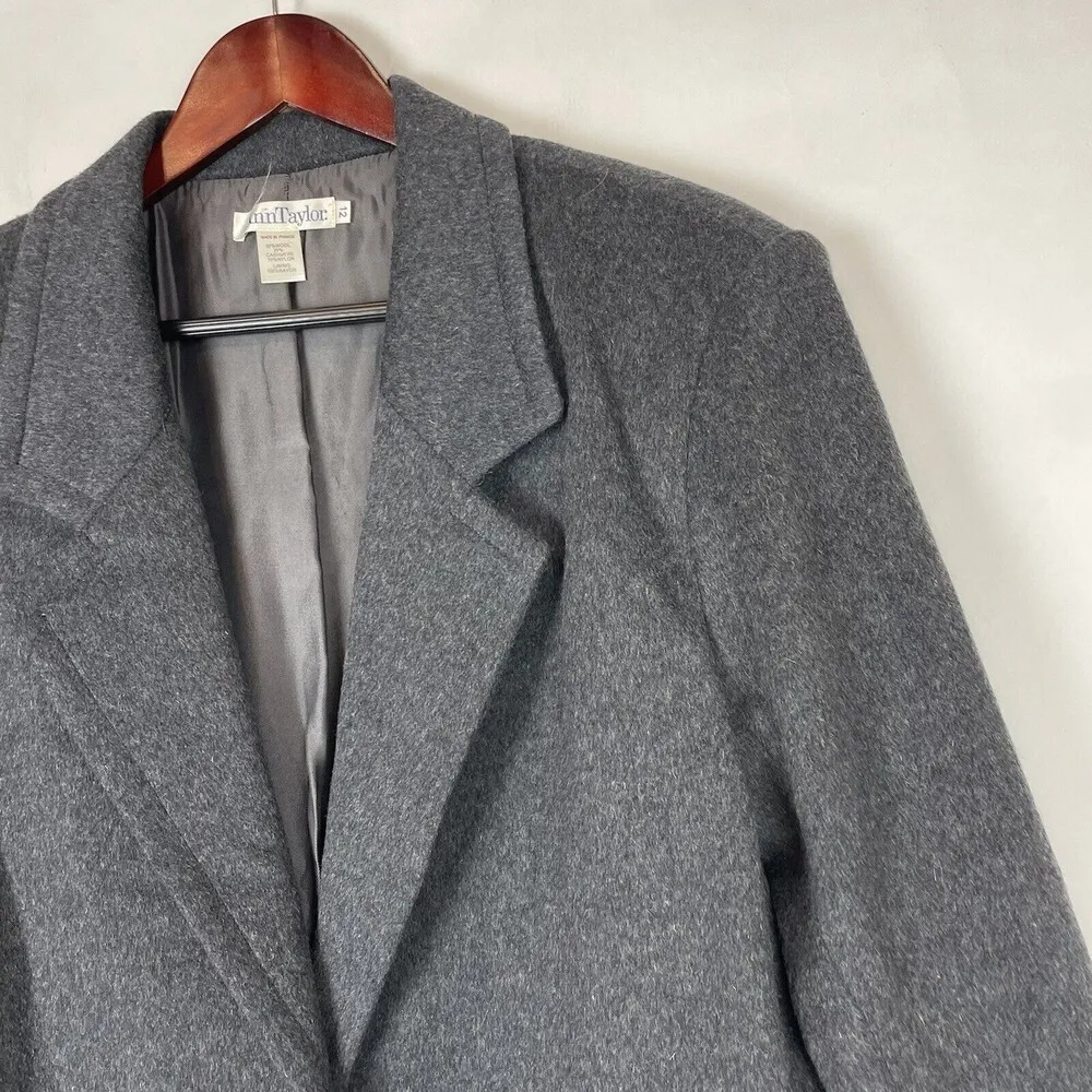 Vintage ANN TAYLOR size 12 Gray wool Cashmere one button blazer Coat relaxed fit - Image 2