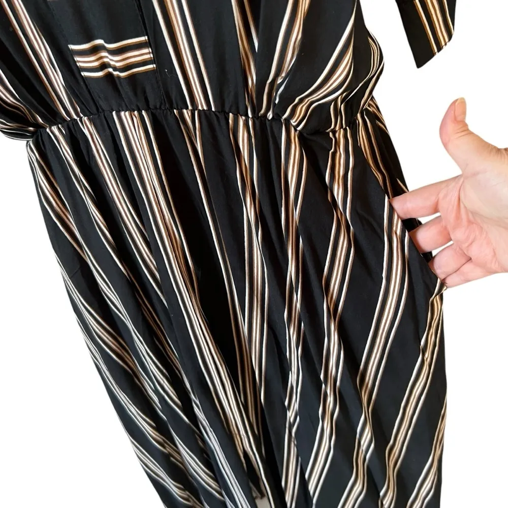 Anthropologie Uma & Leopold Black and Beige Striped Kaftan Midi Dress Brown Size M - Image 7