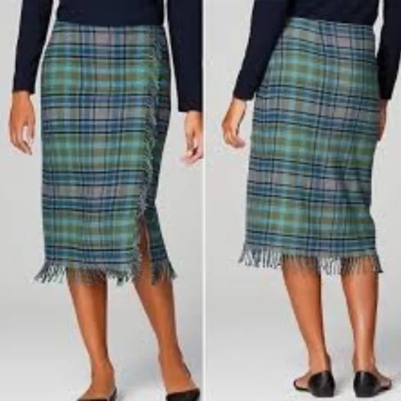 NWOT! J.Jill Green Plaid Fringe Blanket Wrap Skirt 6 - Image 2