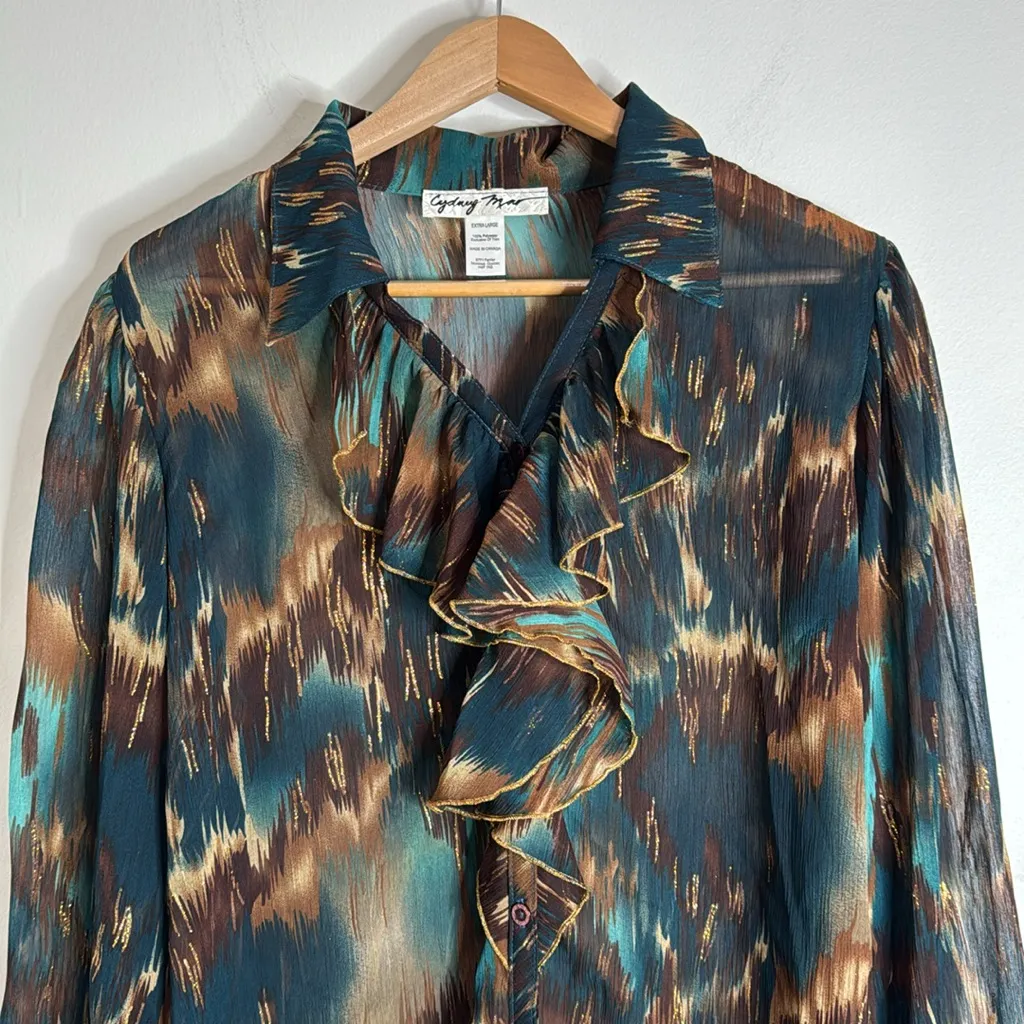Cydney Mar Multicolor Ikat Crinkle Chiffon Sheer Ruffled Blouse size XL Brown - Image 3