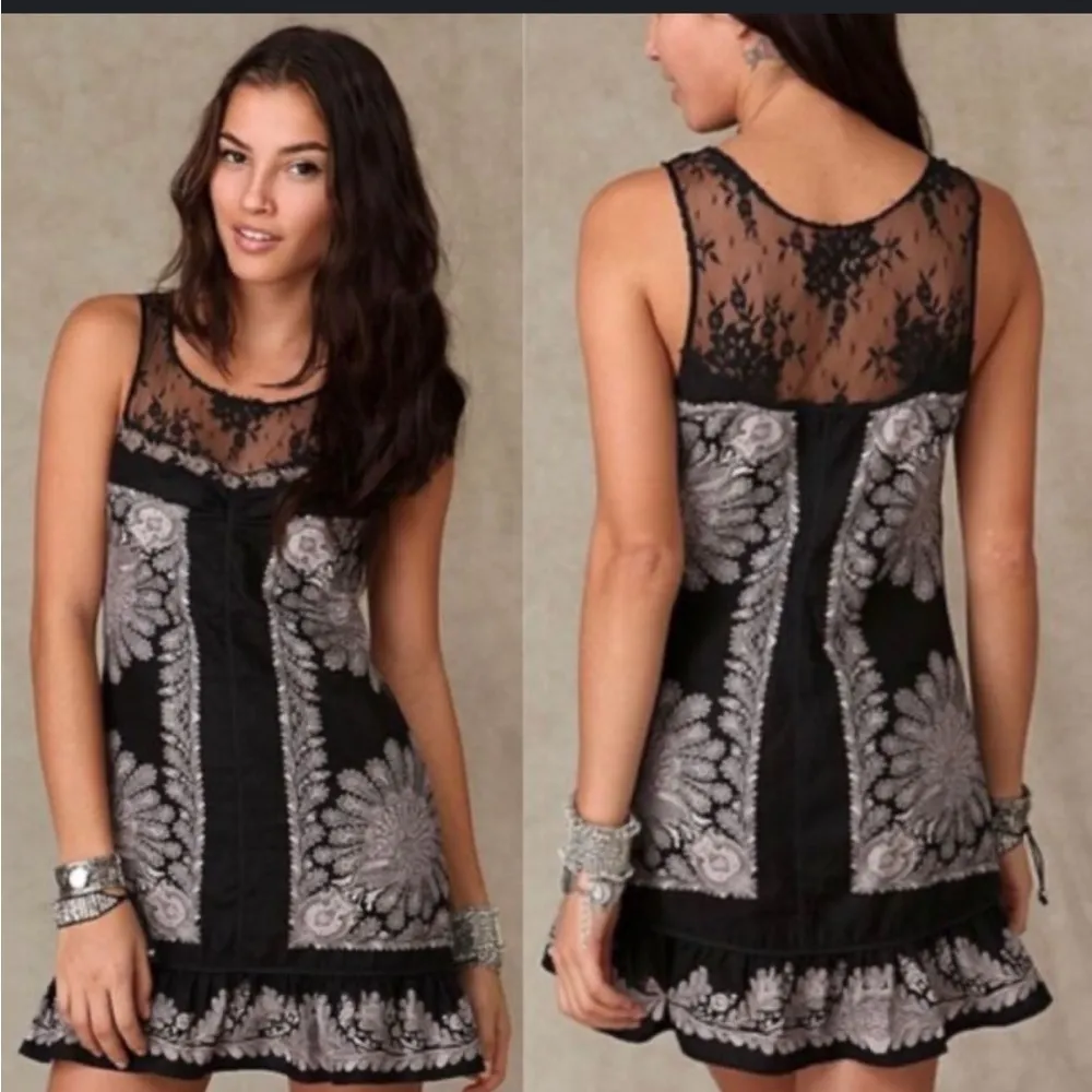 Barbary Coast Linen tunic Dress Free people black & beige lace size 10 - Image 2