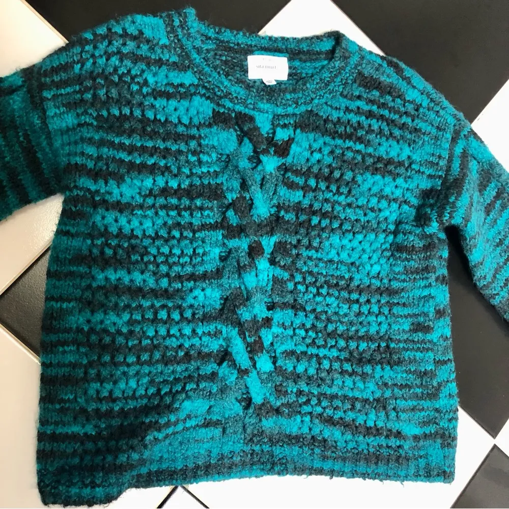 Chunky Open Cable Knit Crochet Sweater Teal Turquoise & Black Woven M - Image 9