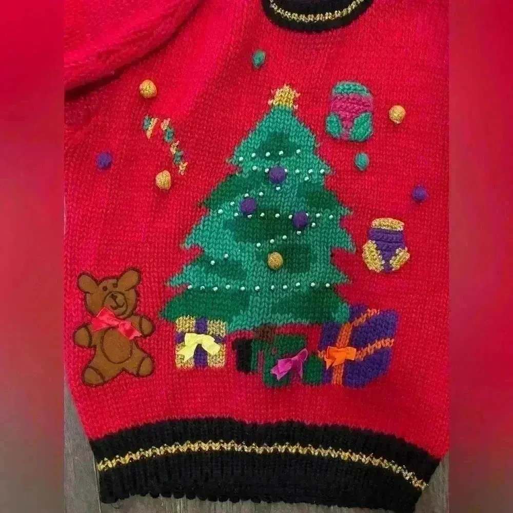 Heidi Sweater Womens Vintage RedAcrylic Hand Knit Christmas Tree Teddy Bear Gift Red Size L - Image 2