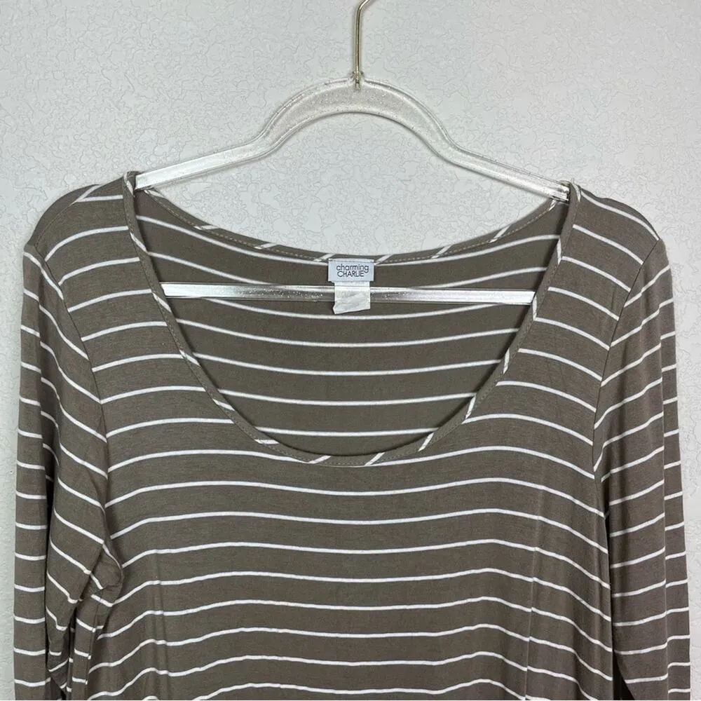 CHARMING CHARIE Taupe & White Striped Scoopneck Top Size L - Image 2