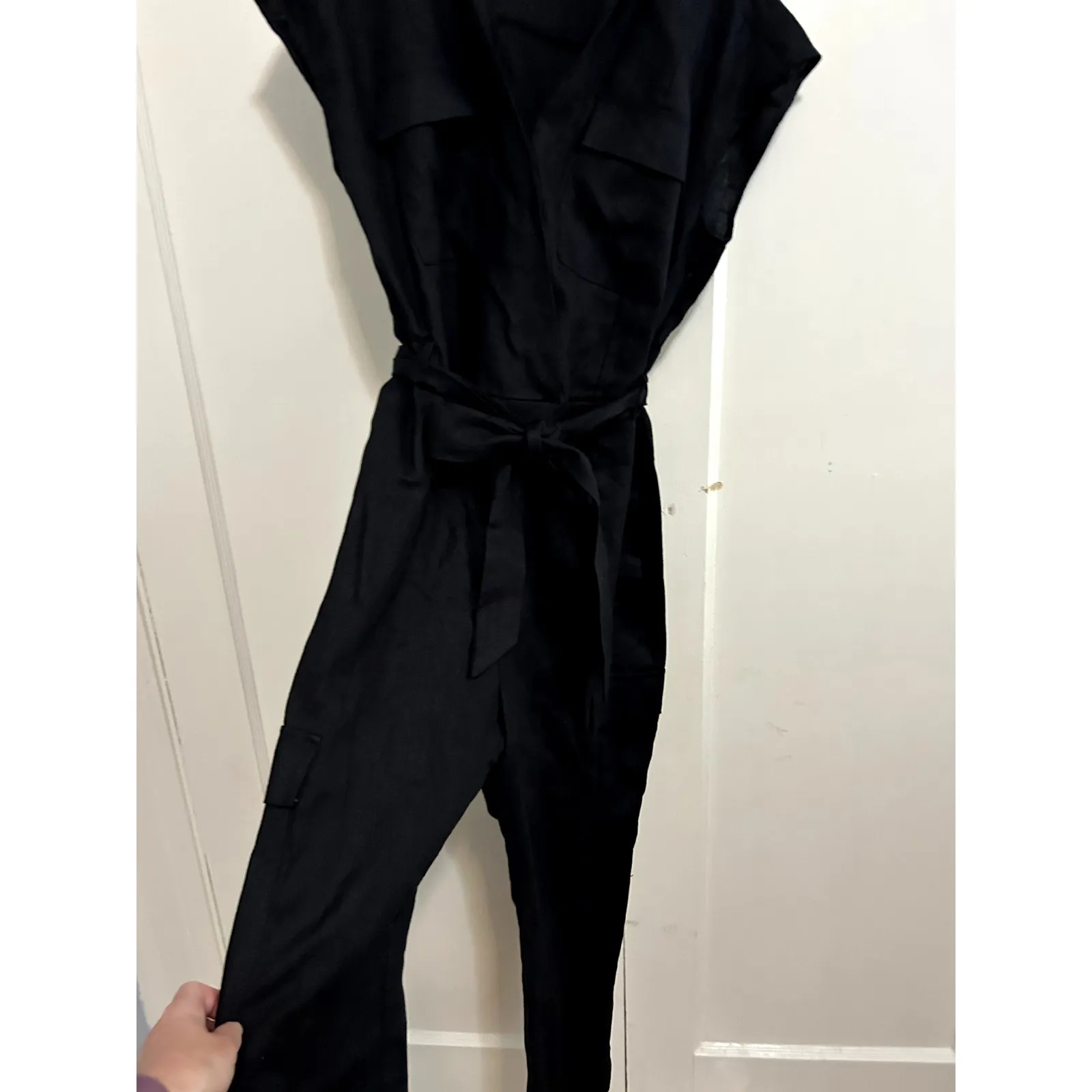 MING Size Large Women Black Jumper Side Zip Belted Wide Leg Linen - Image 2