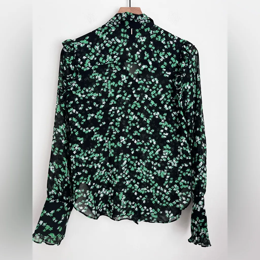Misa Los Angeles Size XS Black Green semi sheer floral ruffle blouse long sleeve - Image 2