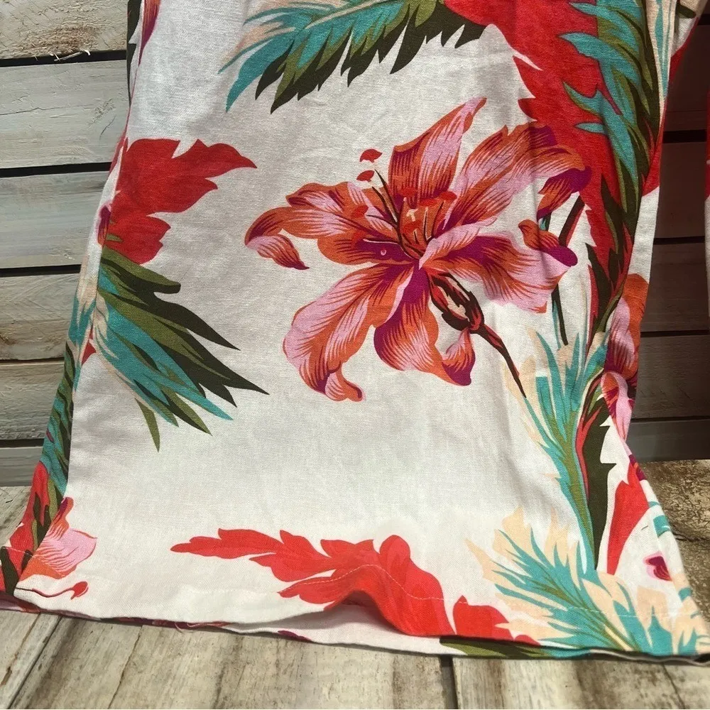 Tahari Linen Blend Wide Leg Floral Pants Smocked Waist Resort Trousers XL - Image 3