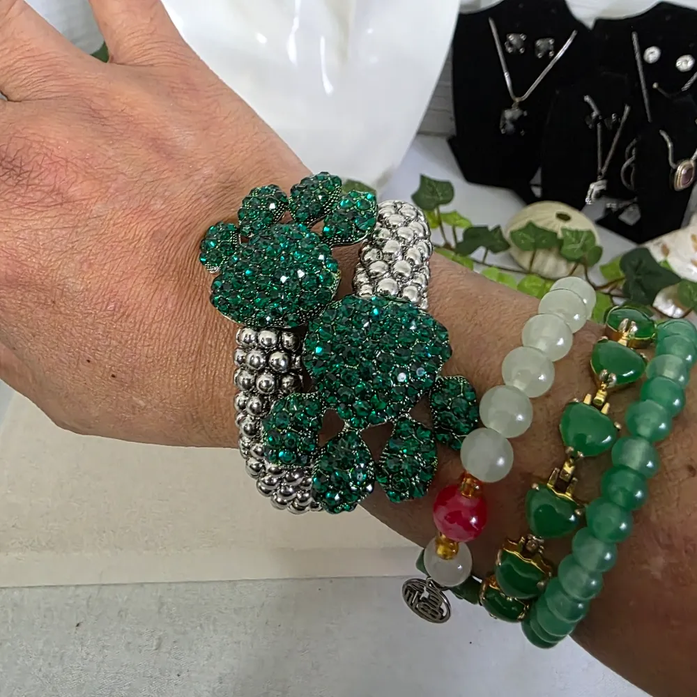Statement Silver Emerald Green Paw Print Wrap Bracelet - Image 7