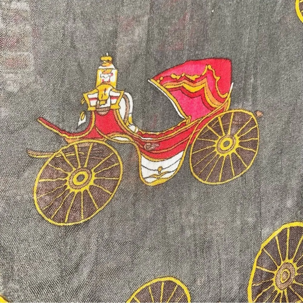 Oversized Cotton Blend Sheer Scarf w/Horse/Carraige Theme Charcoal Gray 70 X 46 - Image 9