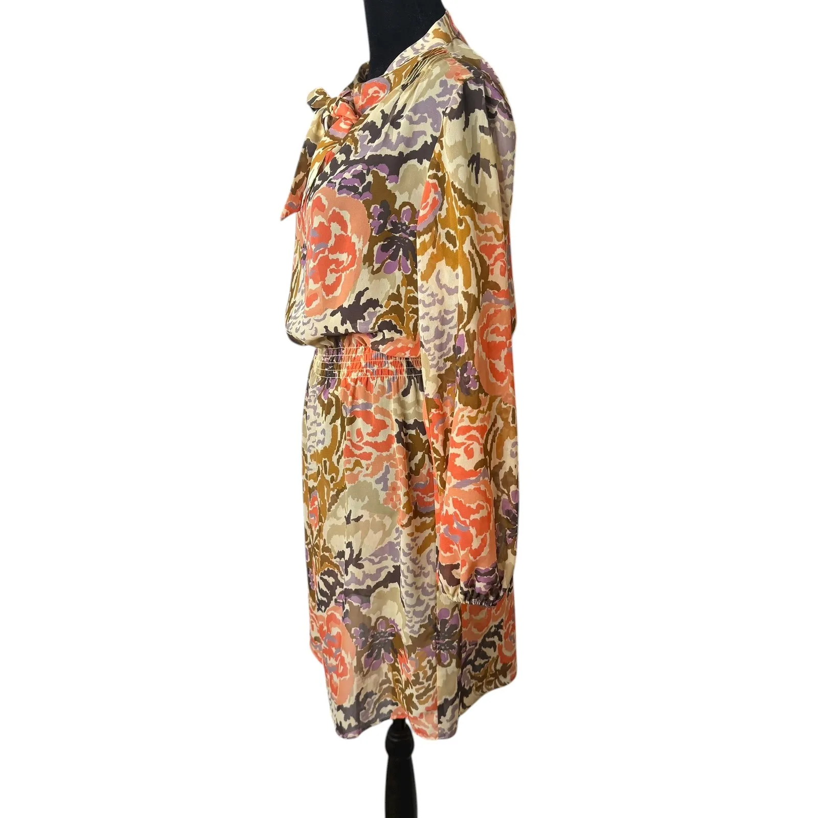 Ralph Lauren Sheer Smocked Waist Dress Womens Size 4 Floral Tie Neck See Through - Image 5