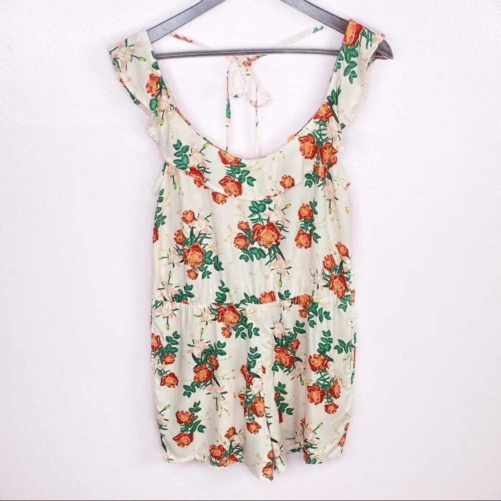 Roxy Cloud Floral Ruffle Open Back Romper Peach Pink Medium Sleeveless - Image 11