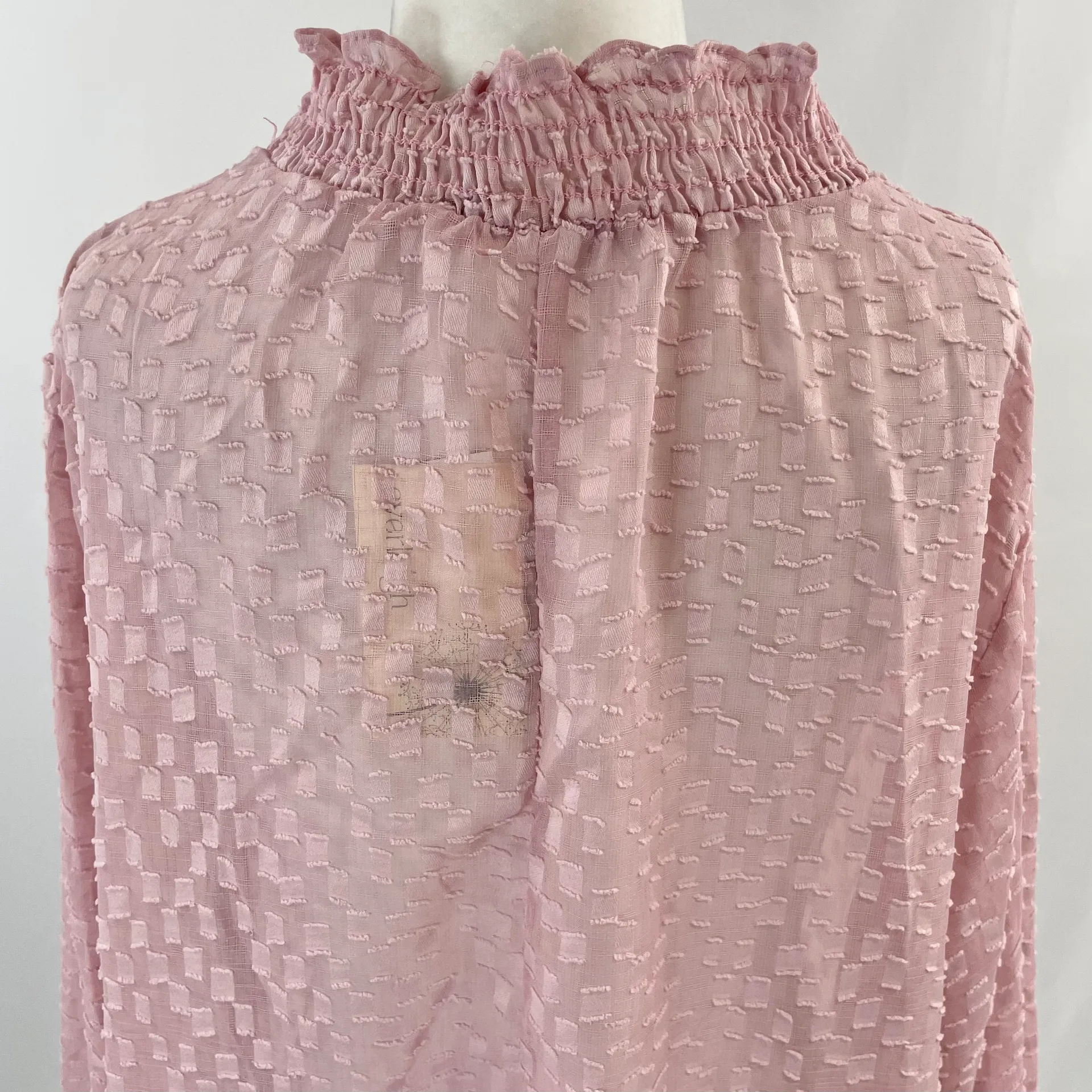 New  Smocked Mock Neck Long Sleeve Sheer Blouse Blush - Image 12