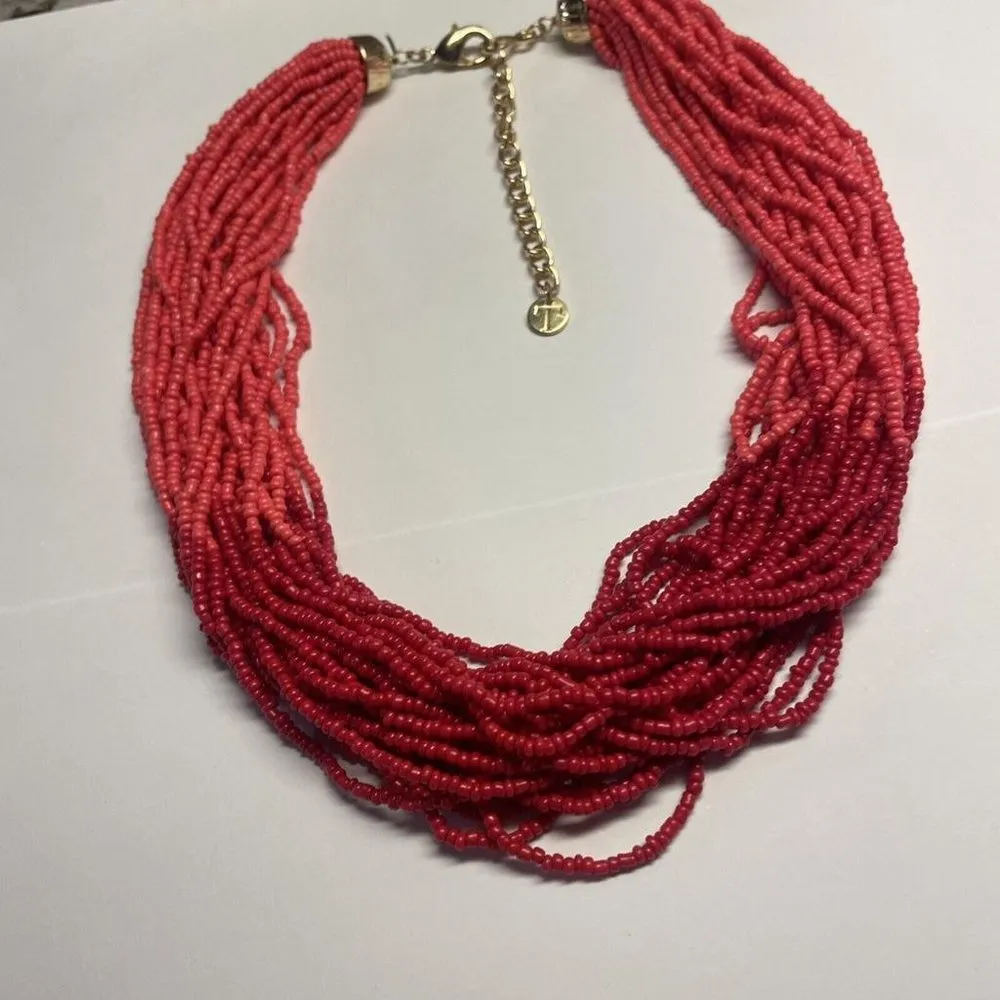 Signed T - Talbots Pink Red Gold Time Bead Statement Costume Necklace - Image 9