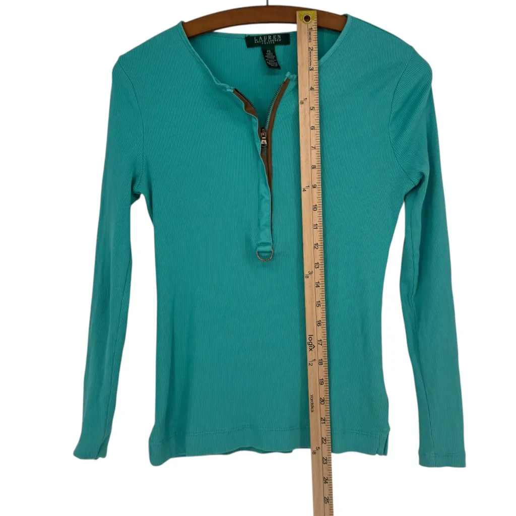 Y2K Lauren Ralph Lauren Teal Long Sleeve Zip Top Adjustable Sleeves Petite Small - Image 10