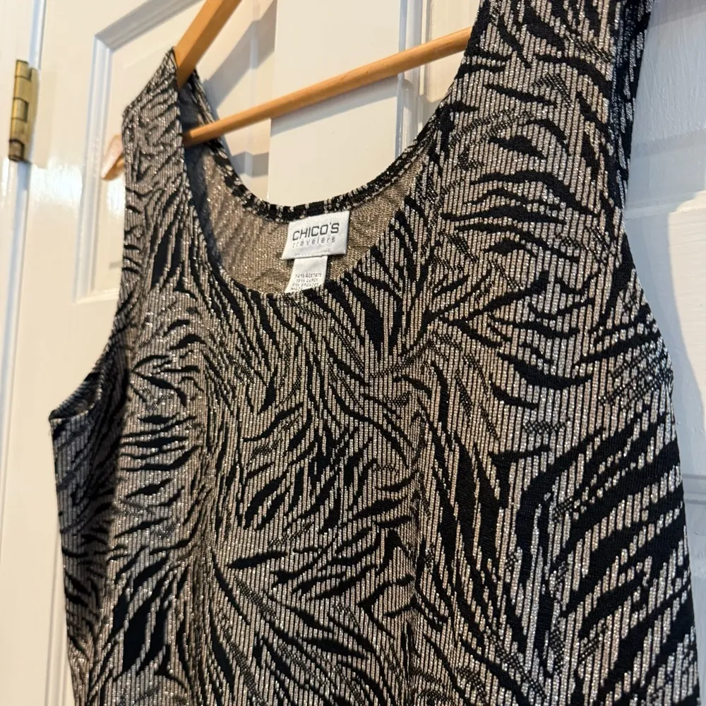 Chico’s Travelers Slinky Tank Top Date Night Zebra Print Black Gold Size 2/12 - Image 3