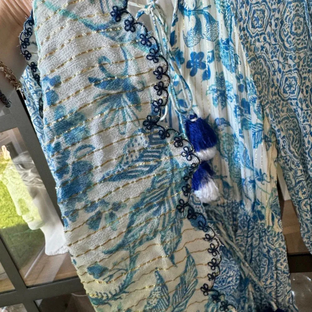 Hemant & Nandita Kaiyo Blue Floral Mini Dress long sleeve metallic tassels tie - Image 8