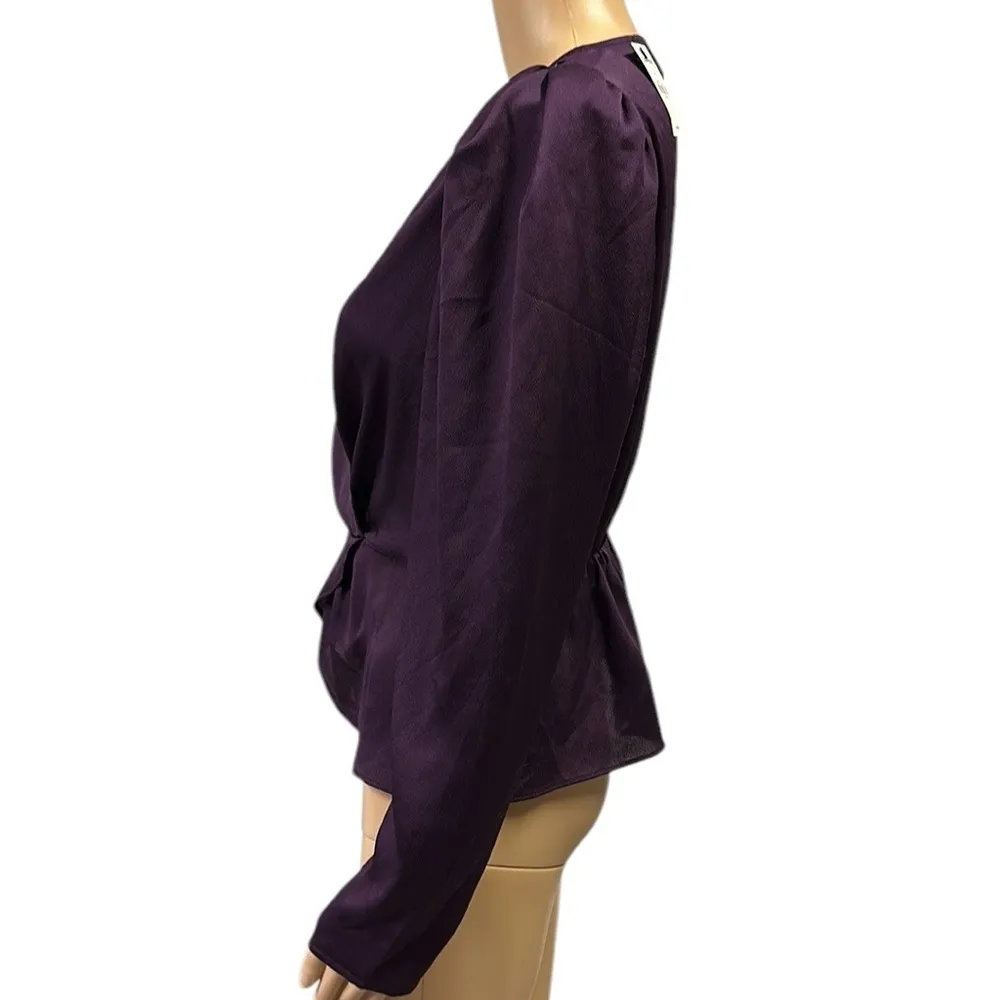 Express Peplum Textured Satin Faux Wrap Purple Long Sleeve Blouse Womens Small - Image 3