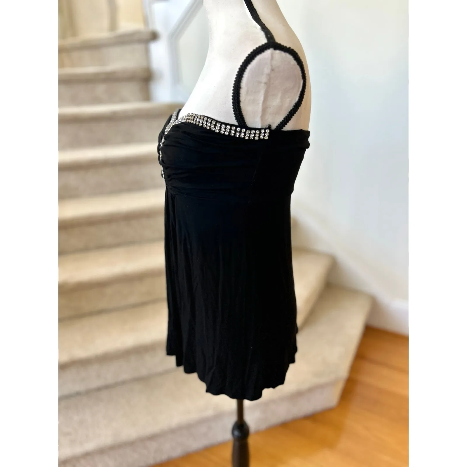 Vintage Y2K Black Stretchy Strapless Rhinestone Studded Baby Doll Tube Top - Image 3